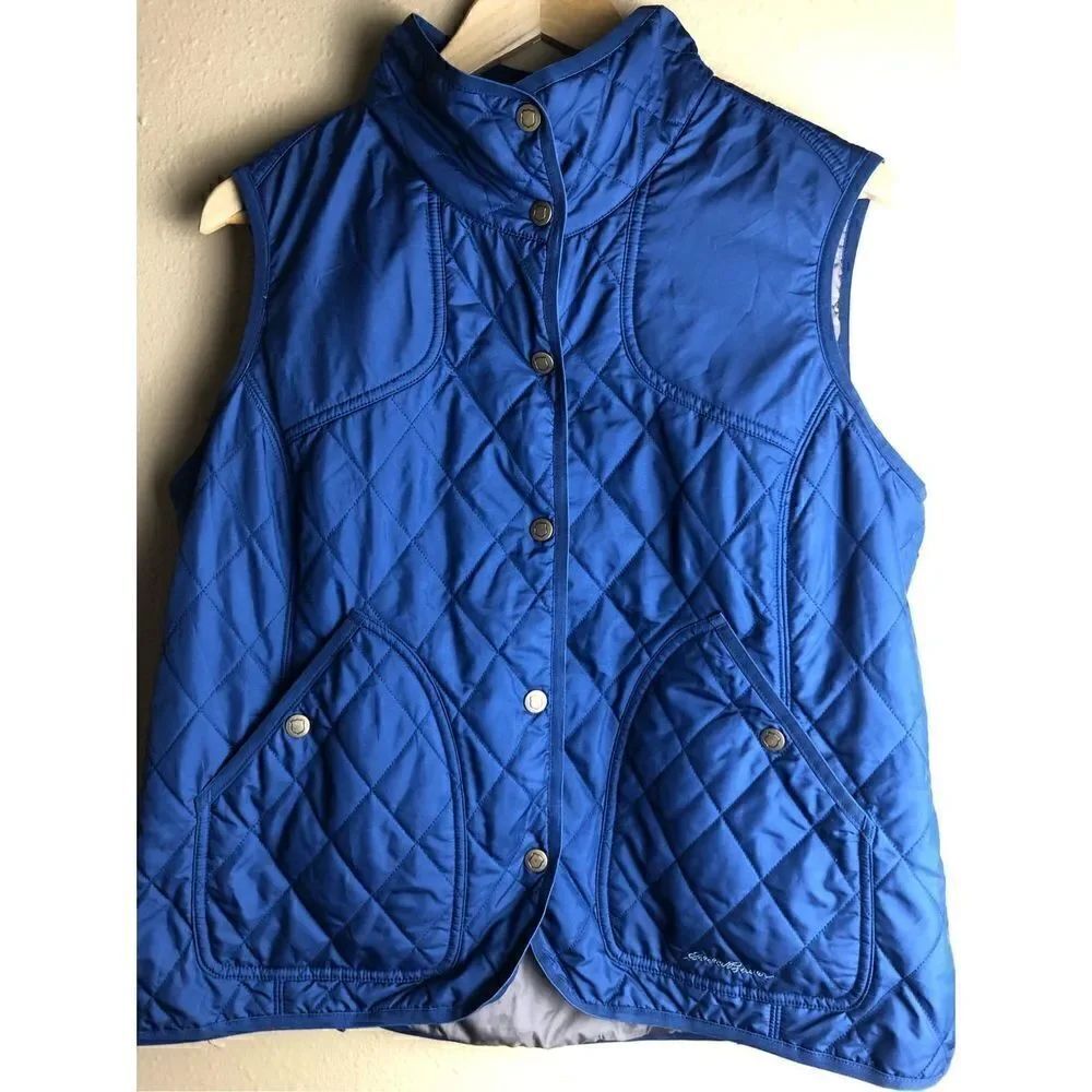 Eddie Bauer sports shop blue brown puffer vest snap button down with pockets si